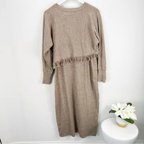 STITCHDROP Fringe 2 in 1 Sweater Dress Midi Fringe Branch Tan Size XL NWT - Image 7