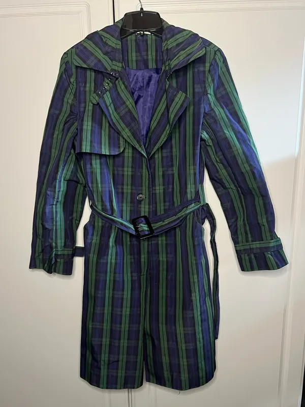 Vintage Jeffrey Banks Plaid Trench Coat Longline Belted Green Purple Size M - Image 2