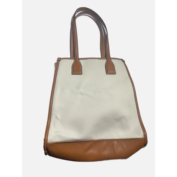 Zara Tote Bag Women Large White Brown Canvas Faux Leather Trim Minimalist Chic - Image 2