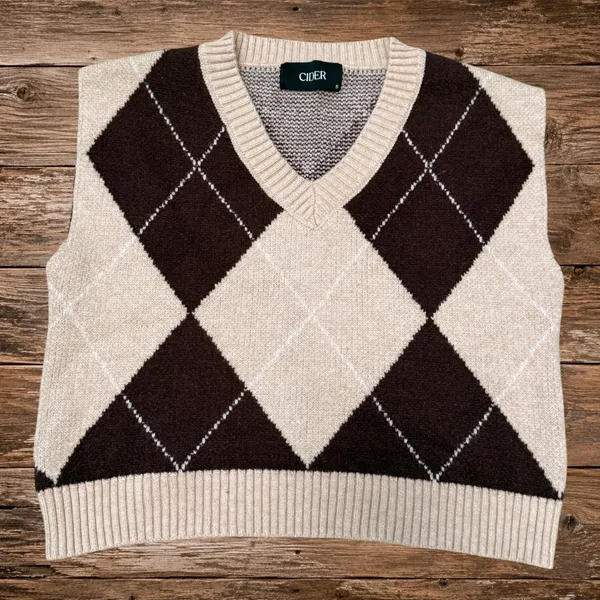 Preppy Argyle Sweater Vest Dark Academia V Neck Knit Cider Small - Image 2
