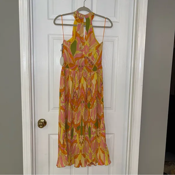 Milk & Honey Brightly Colored Geometric‎ Pattern Pleated Halter Dress Small NEW - Image 12