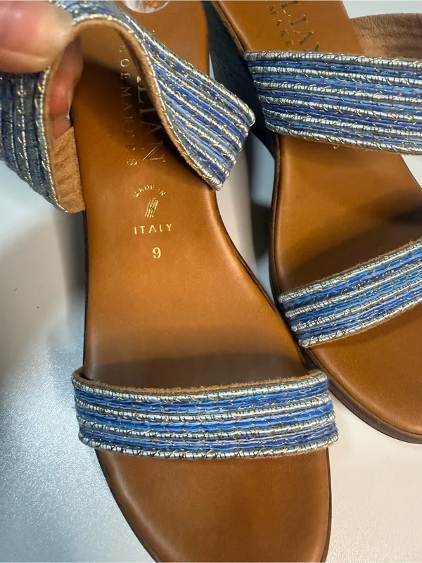 Italina Blue Striped Fabric Wedge Sandals - Image 8