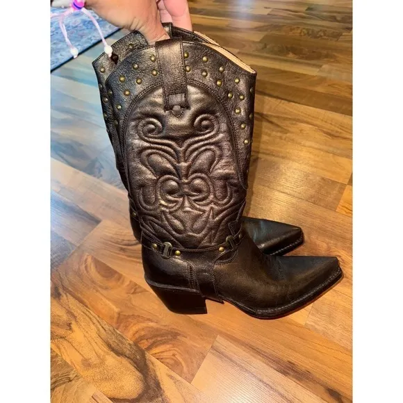 Steve Madden‎ Western Boots Womens Brown bronze Studded Harness Pointed Toe EUC - Image 5