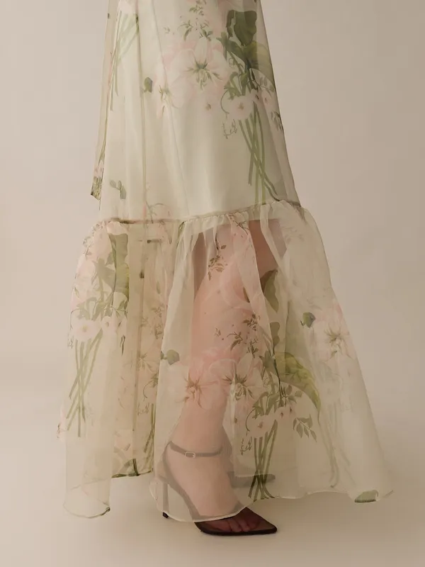 CAARA Melody Size M Green Floral Tie Neck Ruffle Hem Gown Dress Few Moda - Image 3