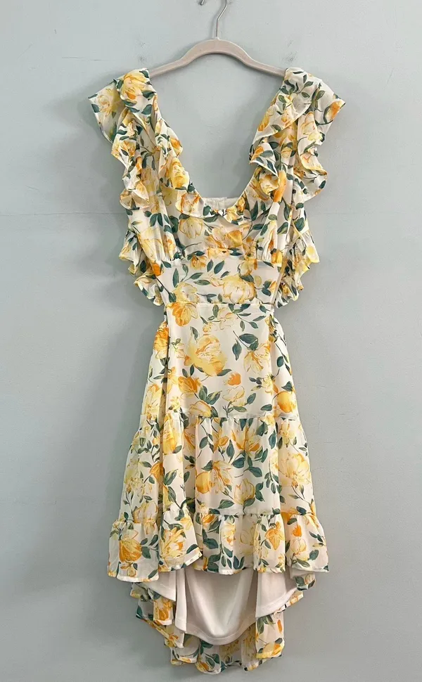 NWT Yellow Floral Print Flutter Sleeve Ruffle Cutout White Dress - Image 5