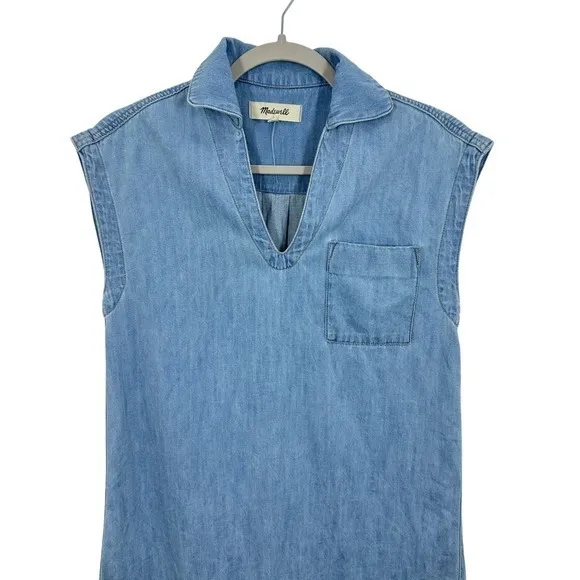 Madewell Chambray Denim Tunic Dress‎ V Neck Sleeveless Shirt Dress Shift Casual - Image 4