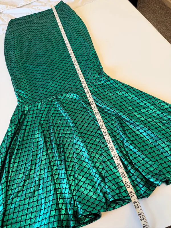 Mermaid Skirt floor length, green metallic fish scales pattern, lined, size S - Image 4