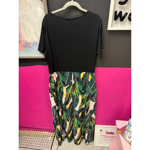Kancystore Womens Tropical‎ Leaf Print Maxi Dress Black Green Short Sleeve 2XL - Image 5