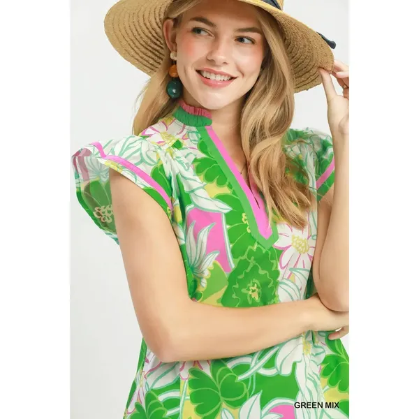 Umgee‎ Bold Floral Flutter Sleeve Top - Green Mix - Medium - Image 4