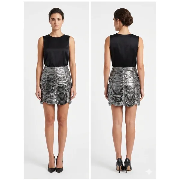 Aqua Bloomingdale's Exclusive‎ Metallic Silver Ruched Mini Skirt XS NEW - Image 2