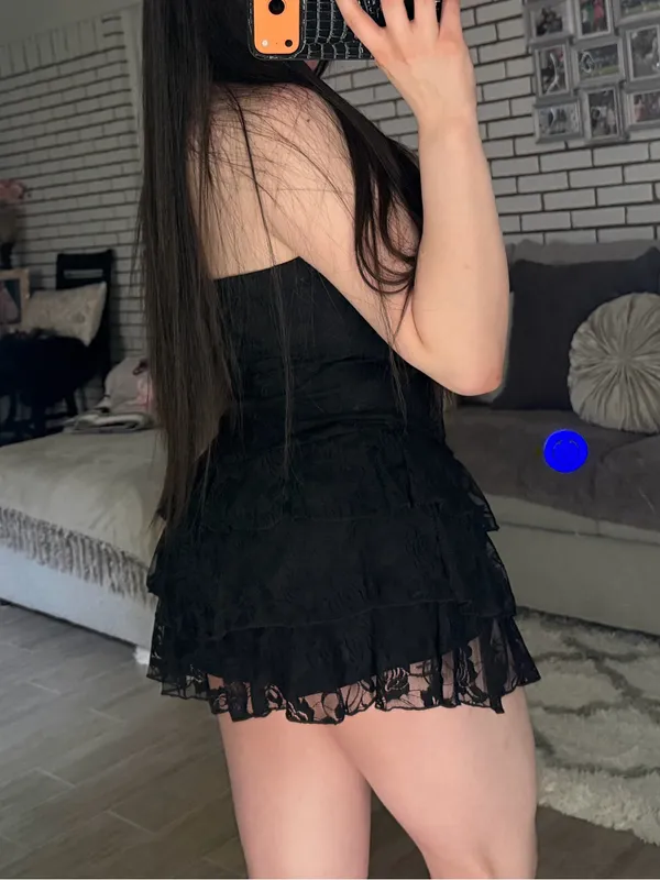 Strapless Black Lace Tiered Mini Dress with Bow Accent - Image 2