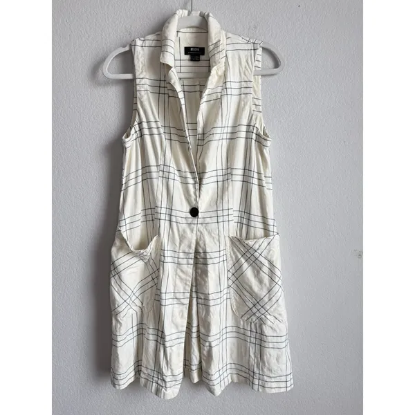 Maeve Anthropologie Long Linen Plaid Duster Vest Ivory Windowpane Academia‎ Sz 4 - Image 13