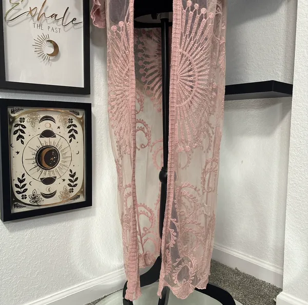 American Flirt Pink Lace Duster Kimono Sheer Mesh Long Cardigan - Image 4