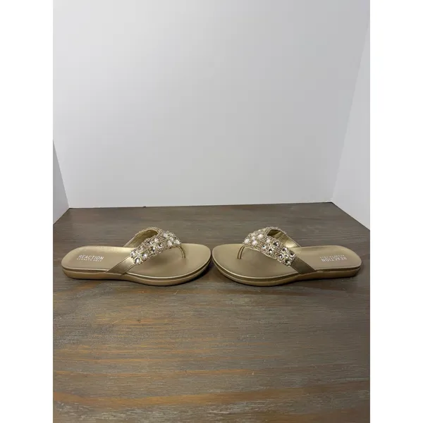 Kenneth Cole Reaction Glam-athon Beaded‎ Thong Sandals Gold Size 6.5 New - Image 2