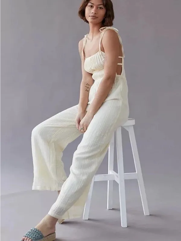 Urban Outfitters UO Courtney Tie Off white Ivory Crème Jumpsuit Large New Lined - Image 2