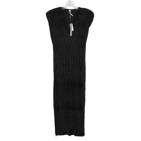 By ANTHROPOLOGIE Black Ruched V-Neck Side Slits Midi Dress Plissé Finish Size XS - Image 3