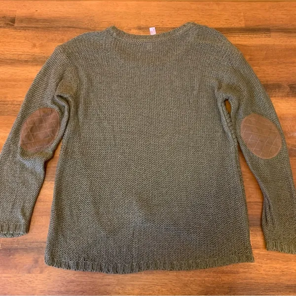 Alya sweater women’s large hunter green brown elbow patches open knit - Image 5