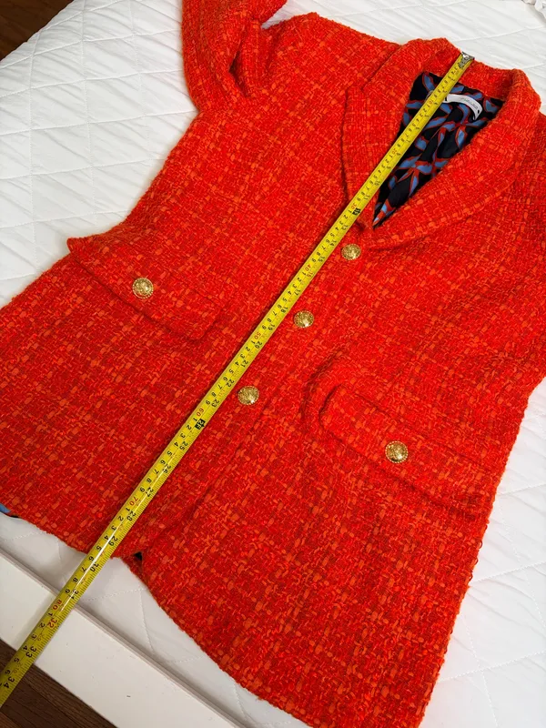 Zara Orange Bouclé Tweed Blazer Gold Button Preppy Quiet Luxury Old Money Size L - Image 8