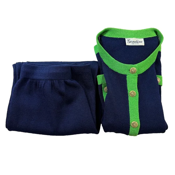 Vintage Gondine 2 Pc Knit Cardigan Pants Set Navy Green Shoulder Pads EUC - Image 4