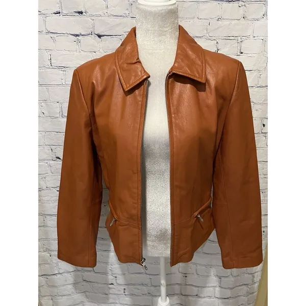 Vintage Wilsons Leather Jacket Women Orange Zip Up Size Medium - Image 2