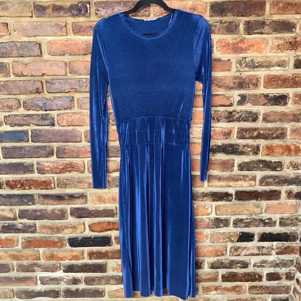 Zara Navy Blue Pleated Satin Long Sleeve Midi Dress Women's Size Medium - Image 2