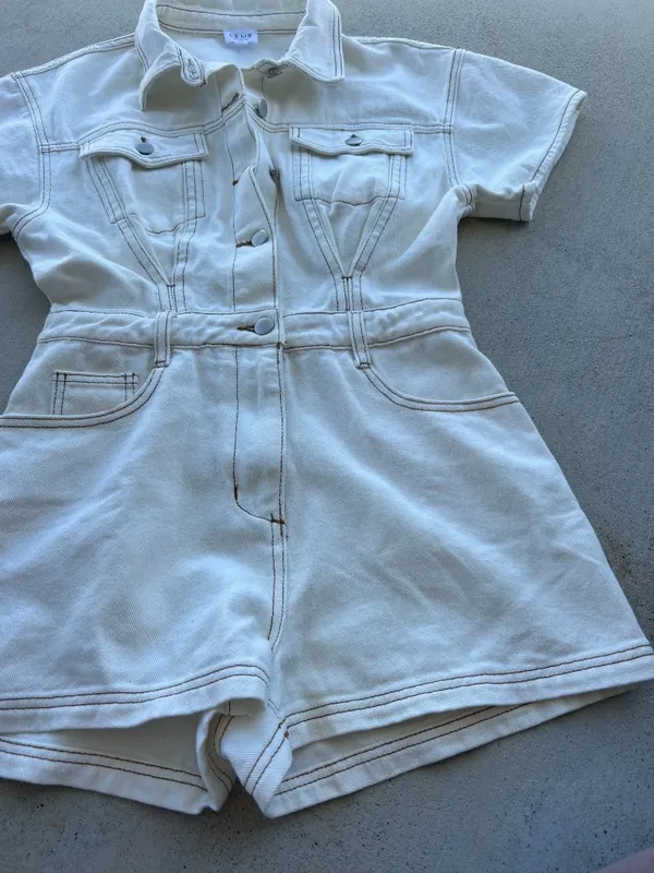 LELIS‎ Collection Off White Denim Romper Utility Belted Women’s Size S - Image 6