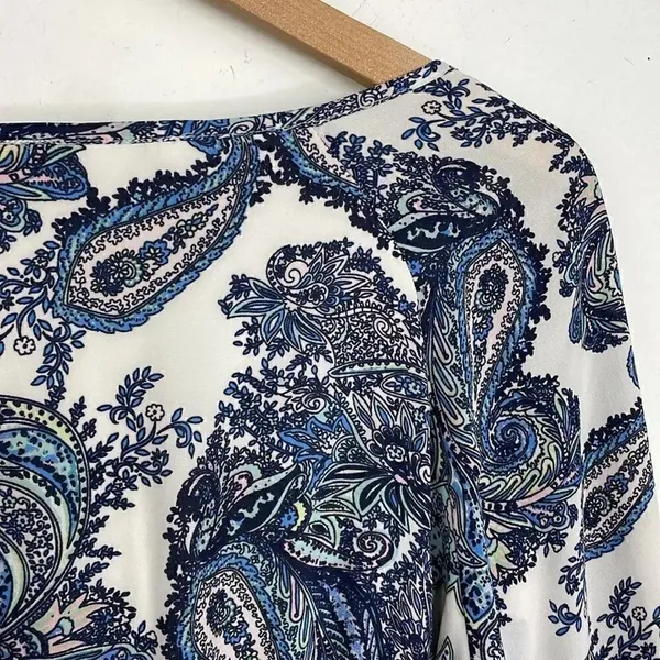 DR2 by Daniel Rainn Blue White Paisley Shift Dress Tassel Tie Neck Split MEDIUM - Image 11