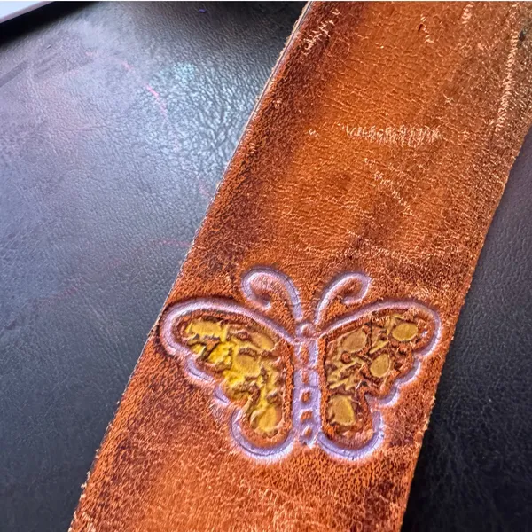 70s Vtg sz 34 Painted Mushroom Butterfly Floral Tooled Leather Belt W/Zee Buckle - Image 7