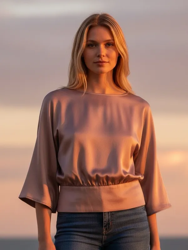 Express Satin Blouse Womens L Dusty Rose Dolman Sleeve Smocked Waist Party Top - Image 4