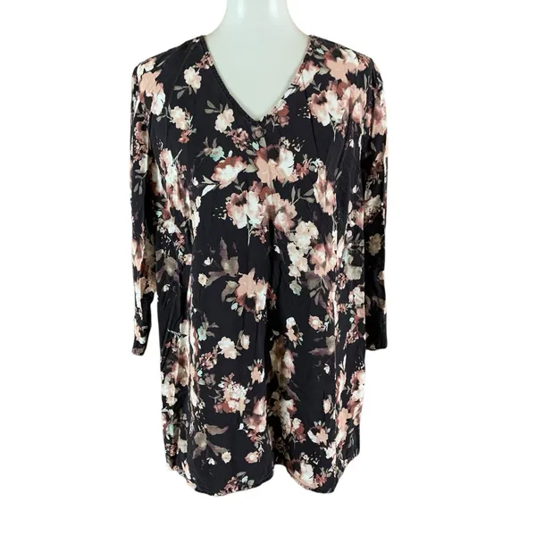 J Jill Floral Tunic Dress XL Black Pink Long Sleeve Cottagecore Stretch Soft - Image 2