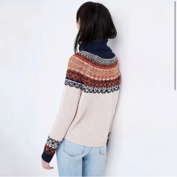 Madewell Brookdale Fair Isle Turtleneck Sweater Navy Orange Fall Small Autumn - Image 5