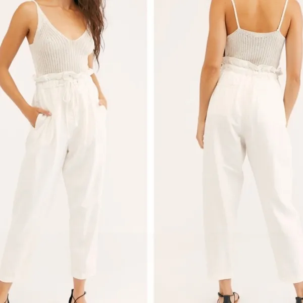 Free People Margate Pleated Paperbag Waist Zinc‎ White Trouser Pants - Image 2