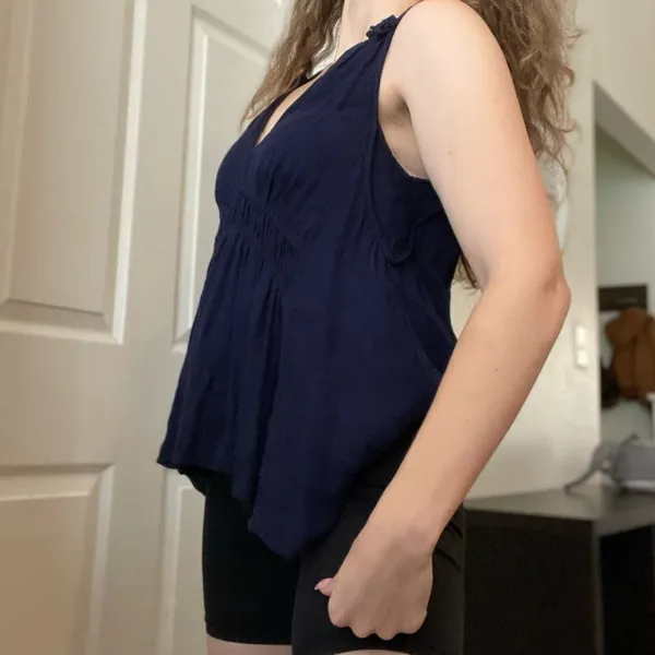 Anthropologie Maeve Bretta Top Flowy Tank Ruched Ruffle Detail Sz Medium‎ Blue - Image 4