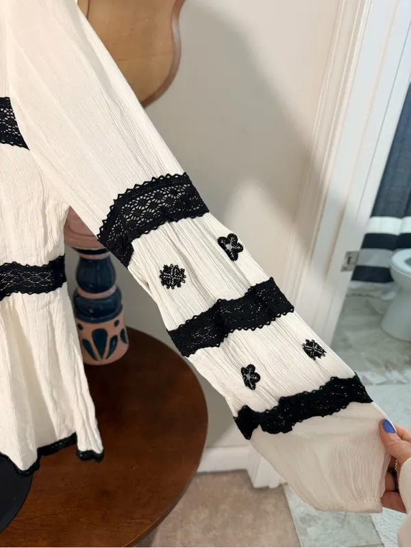 Free People White Button Down Top Black Embroidery & Lace Detail Boho Festival - Image 4