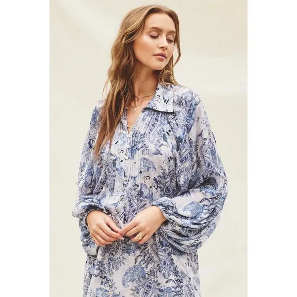 Aritzia Dress Forum Women Mini‎ Cottagecore Dress Medium Blue Paisley Western - Image 3