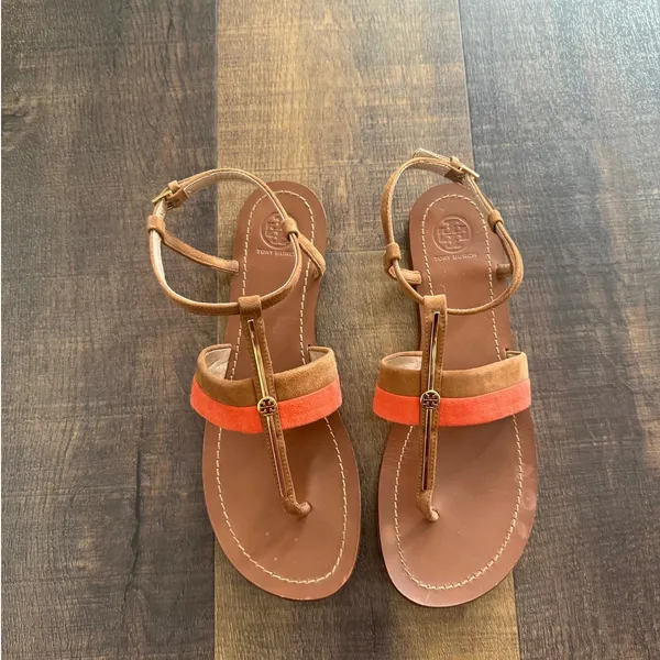 Tory Burch Logo T Strap Sandals Brown Coral Leather Flat Sandal Size 9 - Image 2