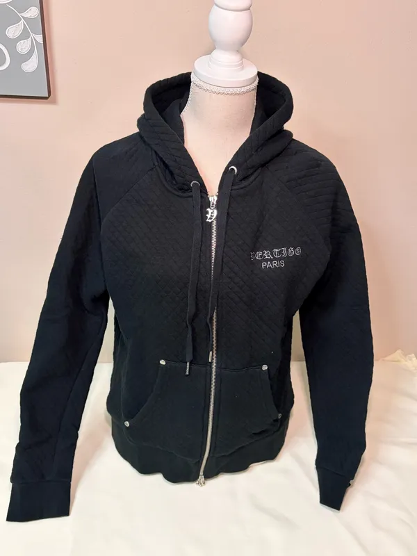 Vertigo Paris Women’s XL Black Quilted Gothic Zip Up Hoodie Jacket Embroidered - Image 4