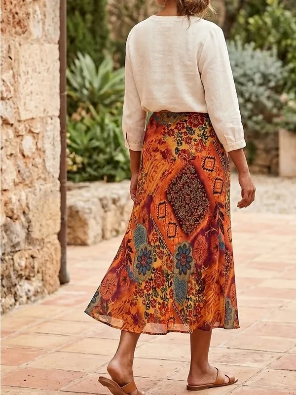 Coldwater Creek Orange Floral Patchwork Midi Skirt - Image 2