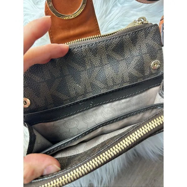 Michael Kors Fulton MK Monogram Crossbody Bag Leather Dark Brown Saddle - Image 3