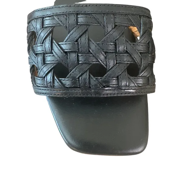 Tory Burch Basketweave Leather Clogs Black Wood Platform‎ 9 - Image 11