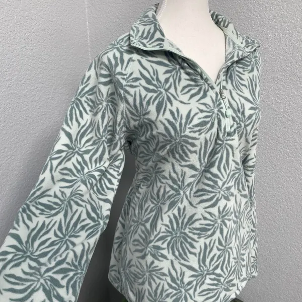 Eddie Bauer Sage Green Blue Leaf Print Soft Fleece Quarter Zip Pullover Outdoor - Image 2