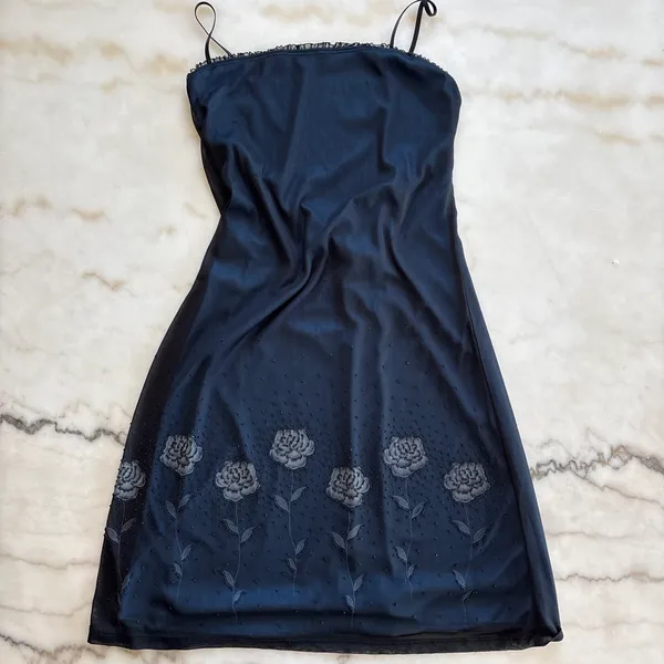 Vintage 90s The Original USA Blue Ombre Mesh Overlay Embroidered Rose Dress L - Image 3