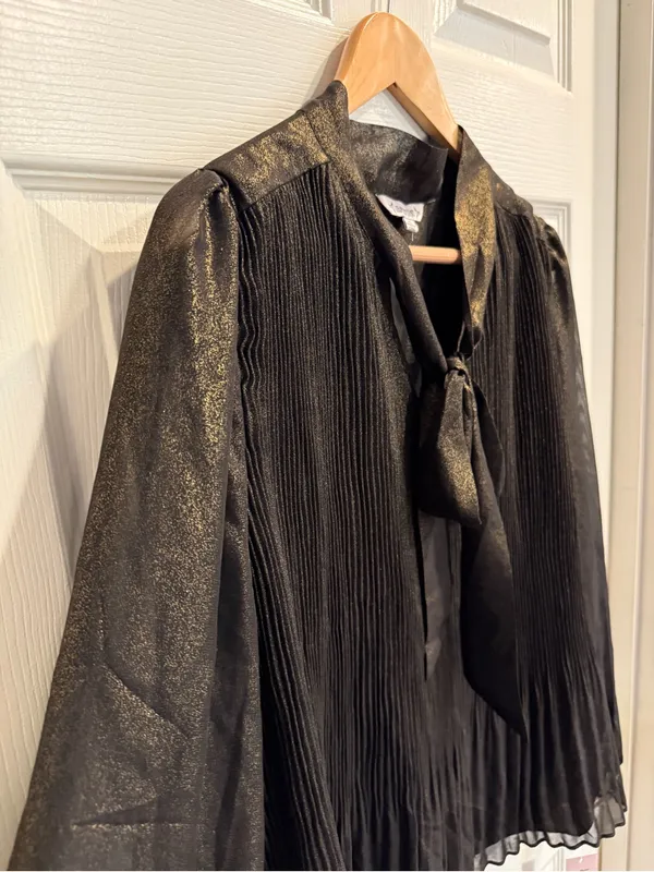 Nanette Lepore Metallic Shimmer Black Gold Pleated Bow Neck Top - Image 4