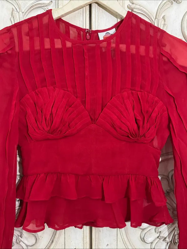 FARM Rio Red Ruffled Sheer Long-Sleeve Peplum Blouse Size Small - Image 4