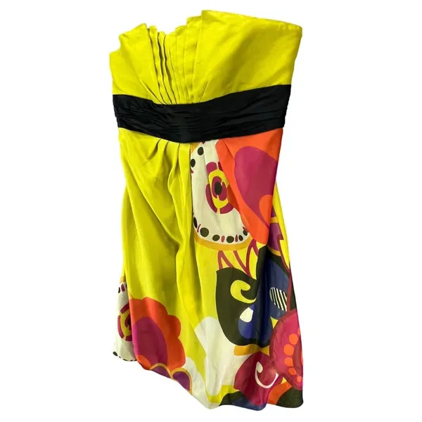 Kay Unger Y2K Dress 14 Chartreuse Yellow‎ Strapless Silk Floral Pleated Cocktail - Image 3