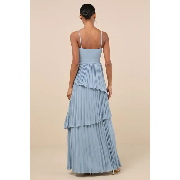 NWT Lulus Jehona Dusty Blue Pleated Tiered Maxi Dress Bridesmaid Holiday Size XS - Image 3