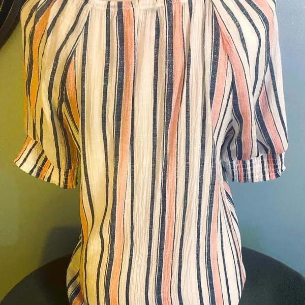 Ruffled Navy & Pink Striped Puff Sleeve Top with Tie Front - Image 4