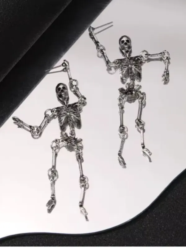 Skeleton Dangle Earrings Silver Tone Gothic Halloween Creepy Spooky Jewelry - Image 3