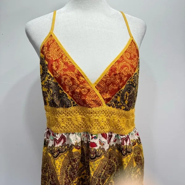 Daytrip Slip Dress Multicolored Boho Paisley Crochet Waistband Spaghetti Straps - Image 3
