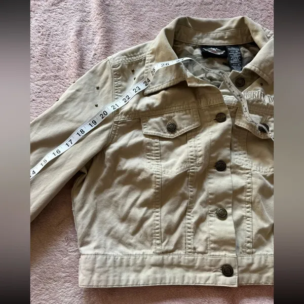 HARLEY DAVIDSON Women’s Crop Top‎ Jacket Canvas Biker Khakis Sz Large - Image 4